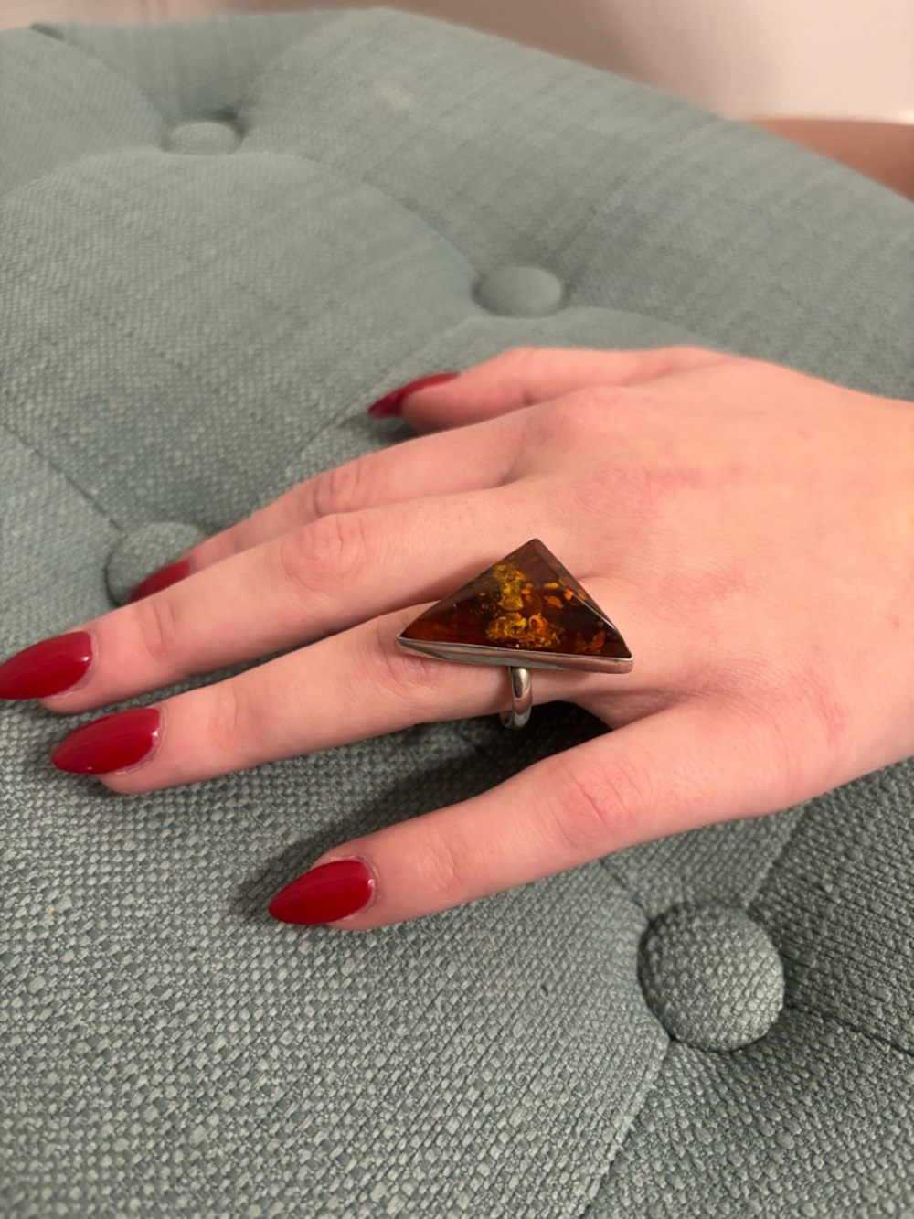 Sterling Silver Triangle Amber Statement Ring - Brown Amber